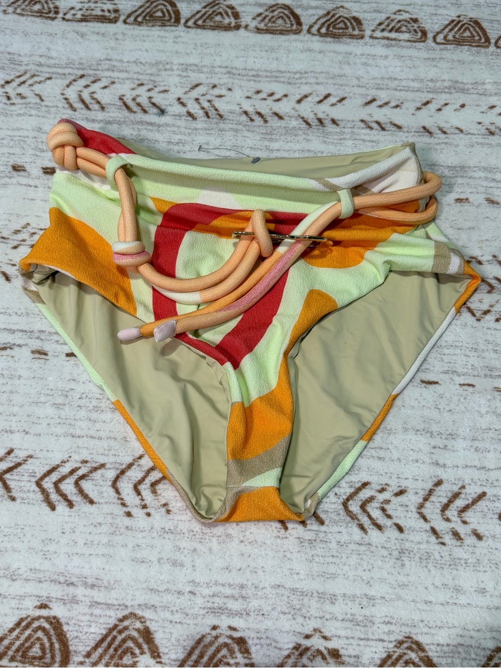 NEW Revel Rey Cream and Orange high waisted bikini bottoms with belt - L
